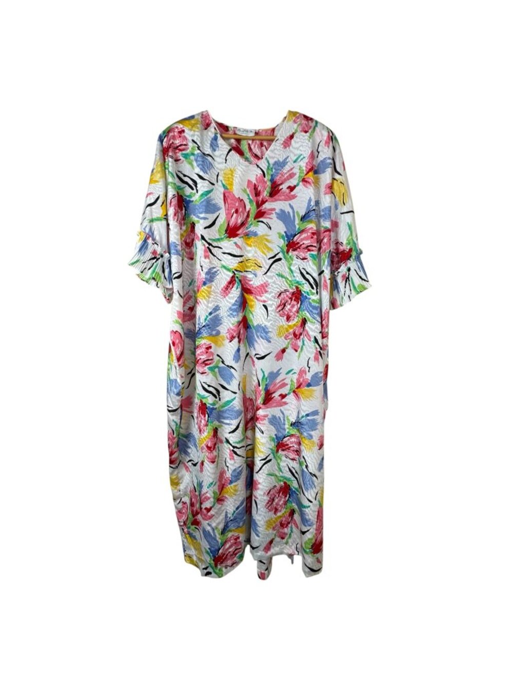 Mary McFadden VTG Kaftan Floral Multicolor Maxi Dress Mumu Resortwear Coverup